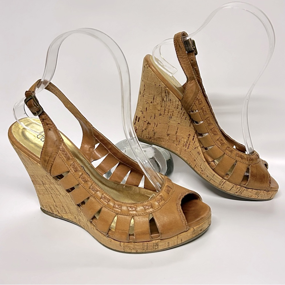 Cathy Jean Tan Leather Size 6  Wedge Slingback Peep Toe Sandal